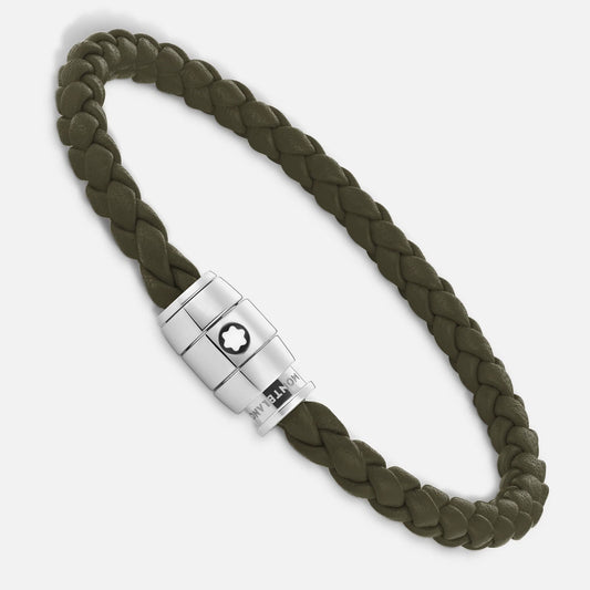 Montblanc bracciale in acciaio a 3 anelli e pelle Meisterstück Kaki misura S 13600360