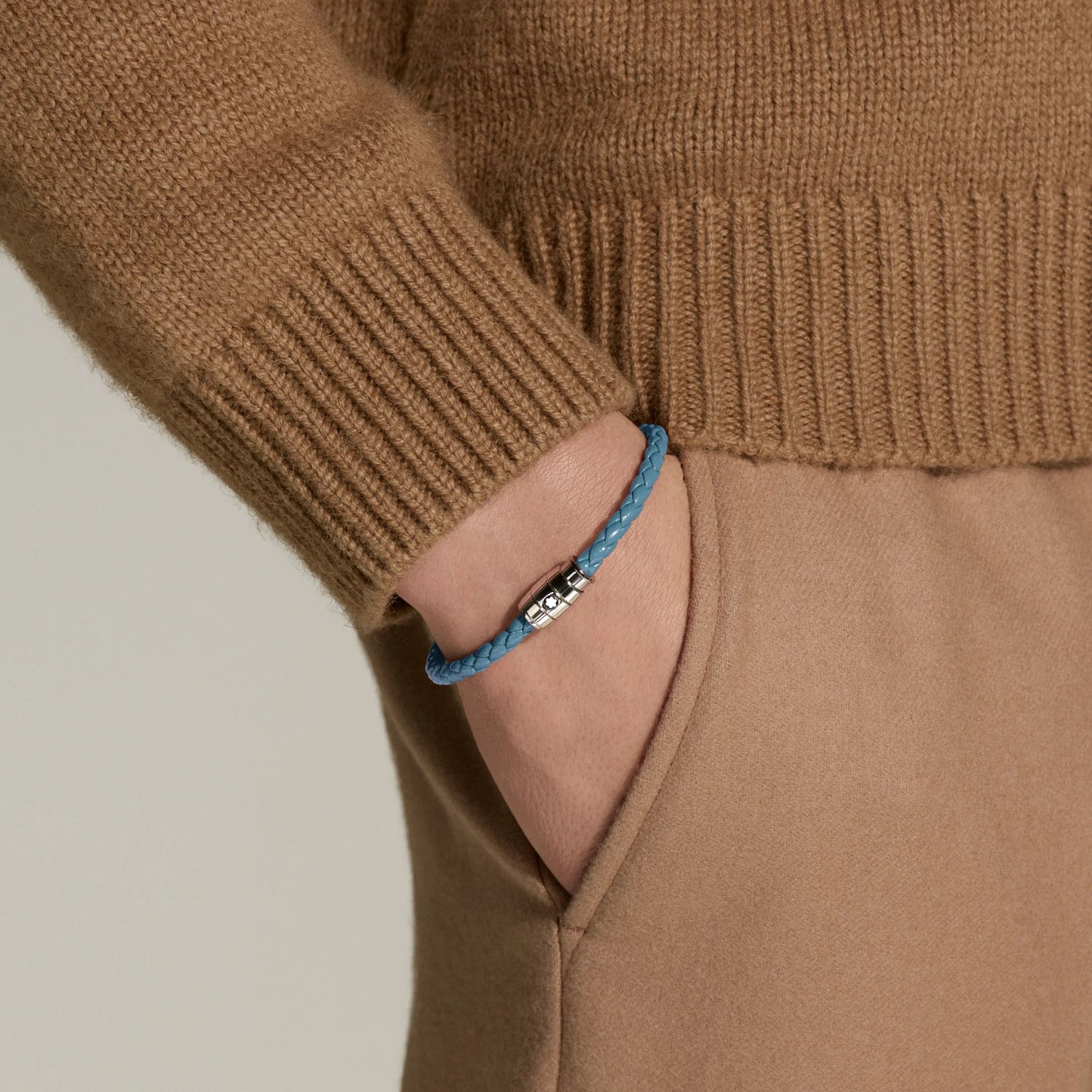 Montblanc bracciale in acciaio a 3 anelli e pelle Meisterstück Blu Fumè misura L 13429368