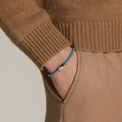 Montblanc bracciale in acciaio a 3 anelli e pelle Meisterstück Blu Fumè misura L 13429368