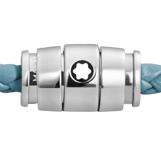 Montblanc bracciale in acciaio a 3 anelli e pelle Meisterstück Blu Fumè misura L 13429368