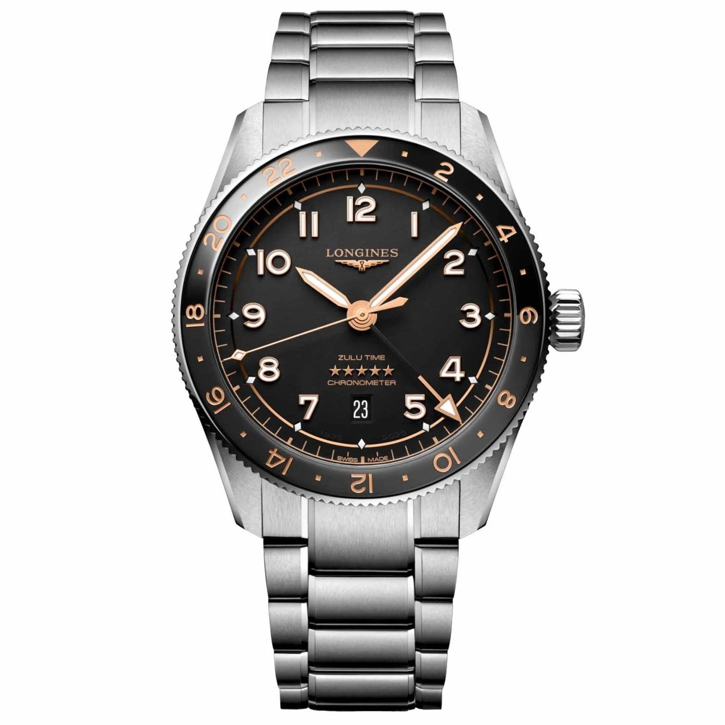 Longines orologio Spirit Zulu Time 39mm nero automatico acciaio L3.802.4.50.6