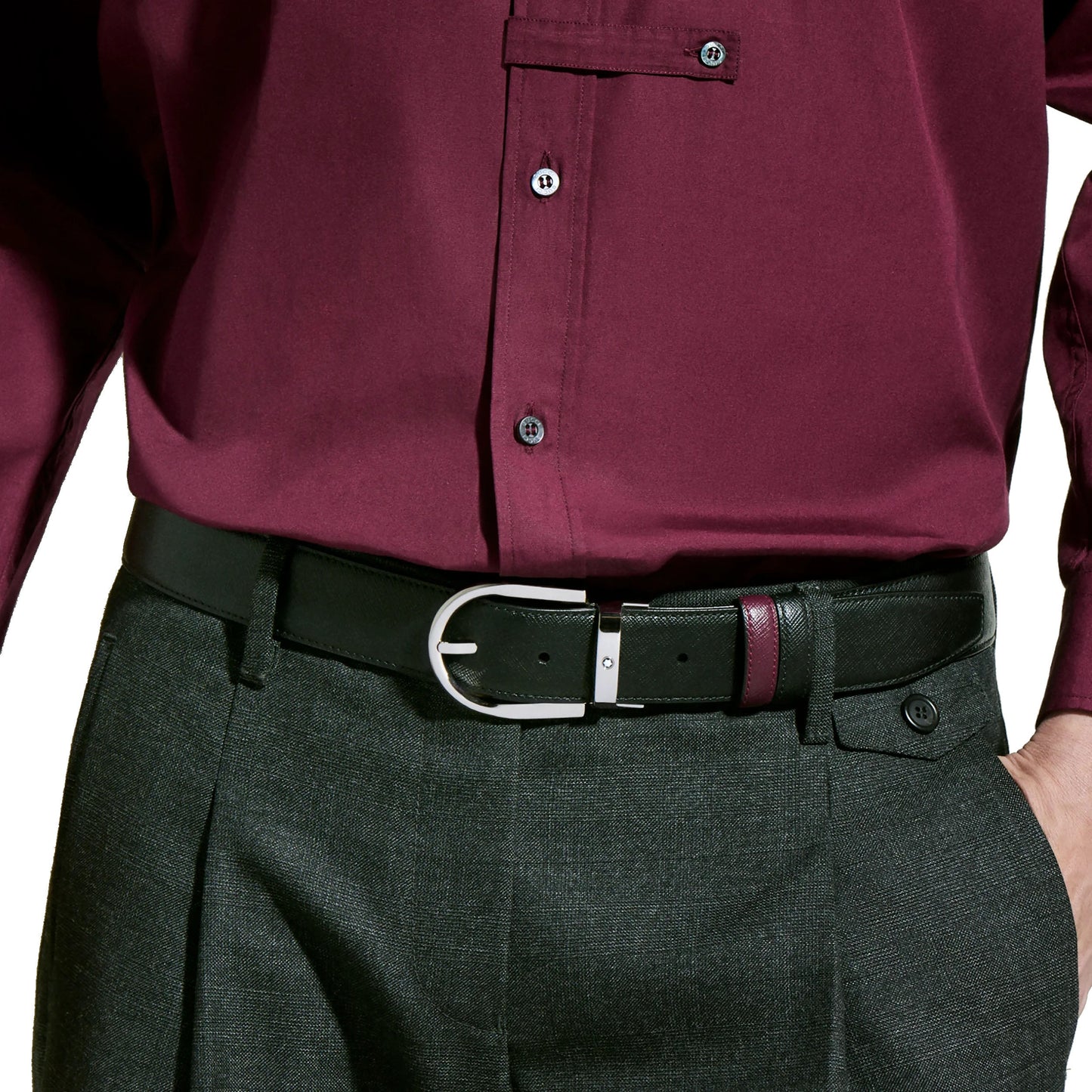 Montblanc cintura reversibile 35 mm pelle nera/cassis con fibbia a ferro di cavallo 199638