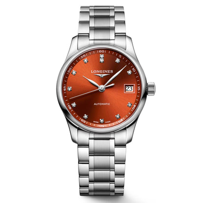Longines orologio Master Collection 34mm arancione diamanti automatico acciaio L2.357.4.08.6