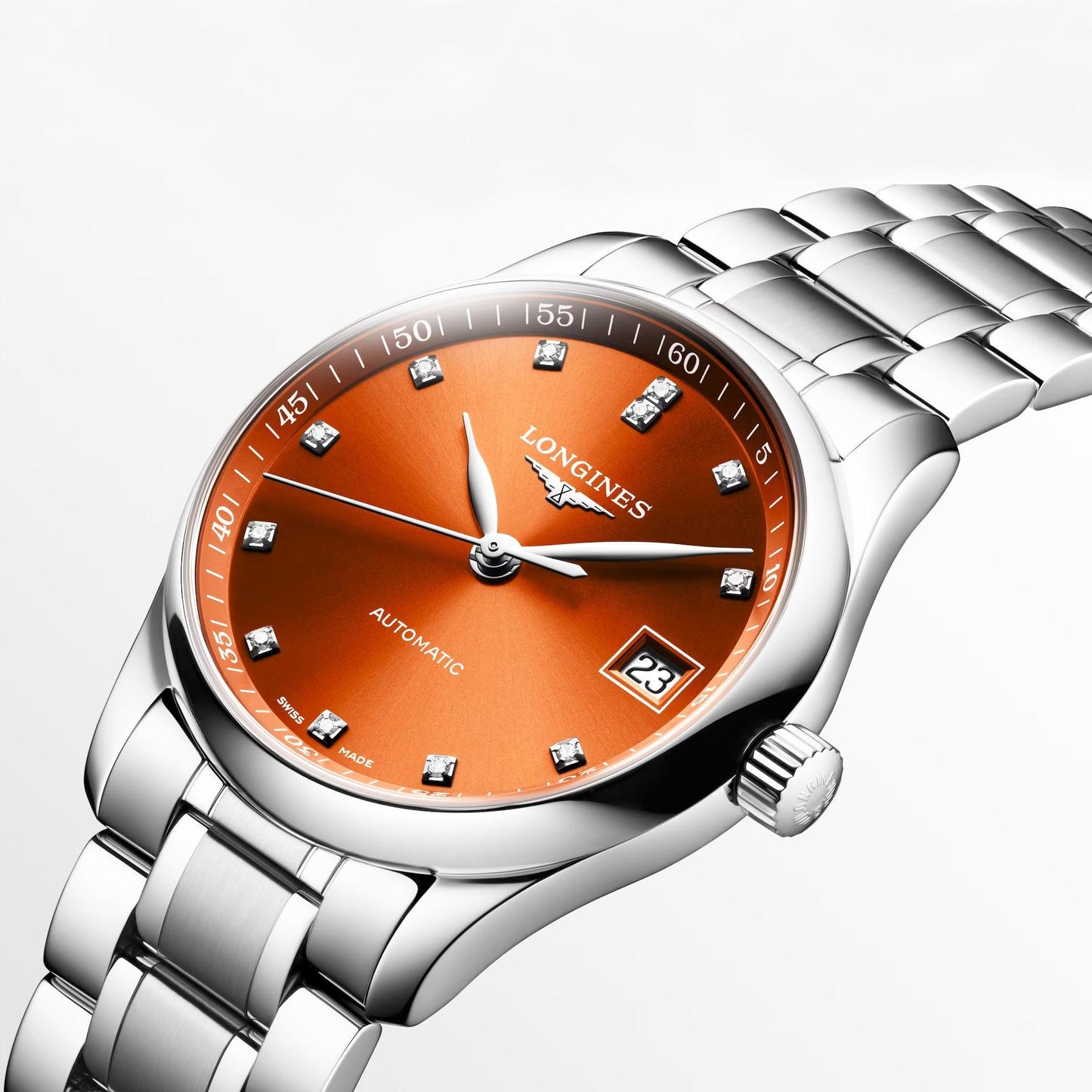 Longines orologio Master Collection 34mm arancione diamanti automatico acciaio L2.357.4.08.6