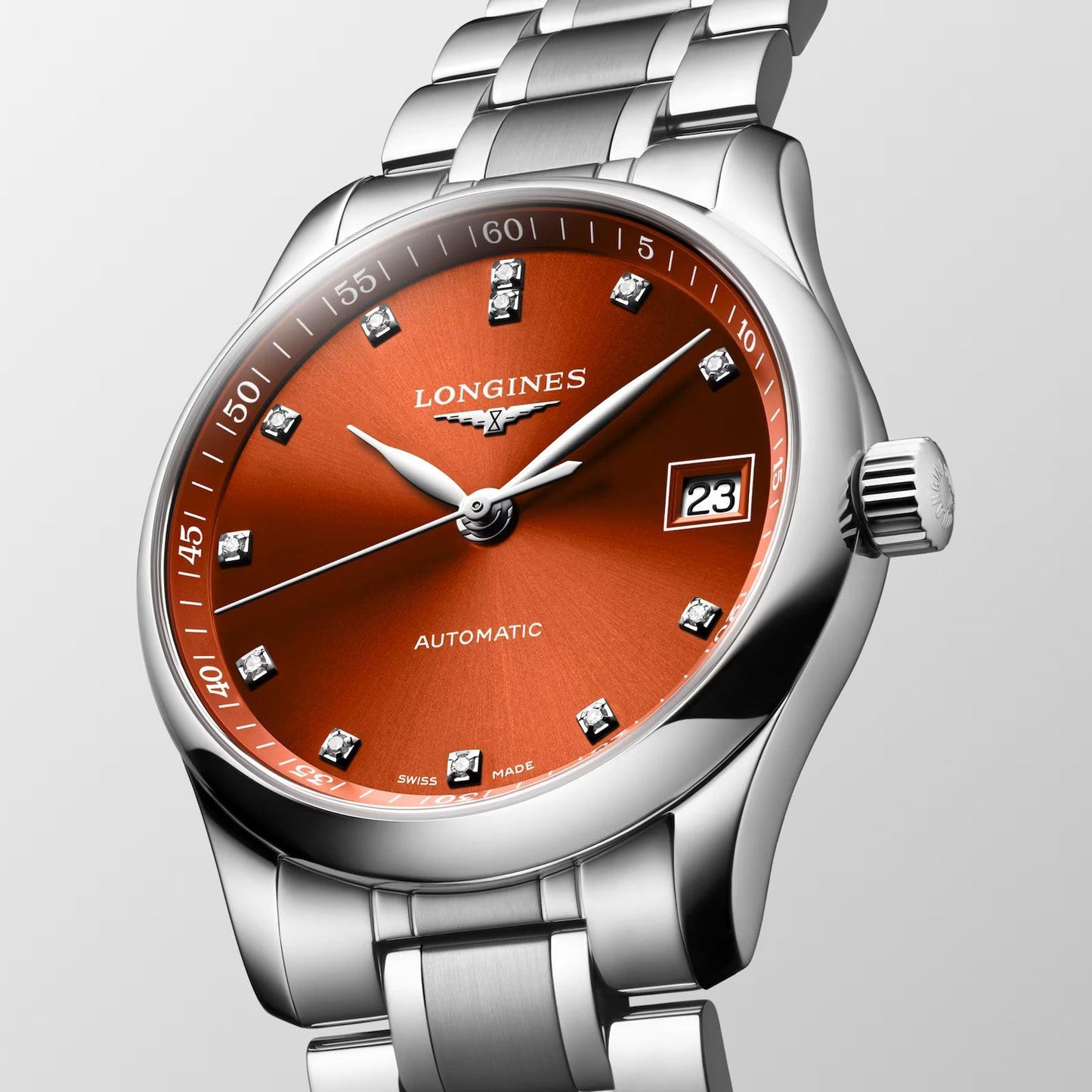 Longines orologio Master Collection 34mm arancione diamanti automatico acciaio L2.357.4.08.6