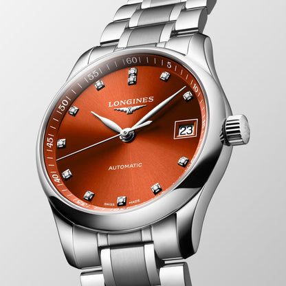 Longines orologio Master Collection 34mm arancione diamanti automatico acciaio L2.357.4.08.6