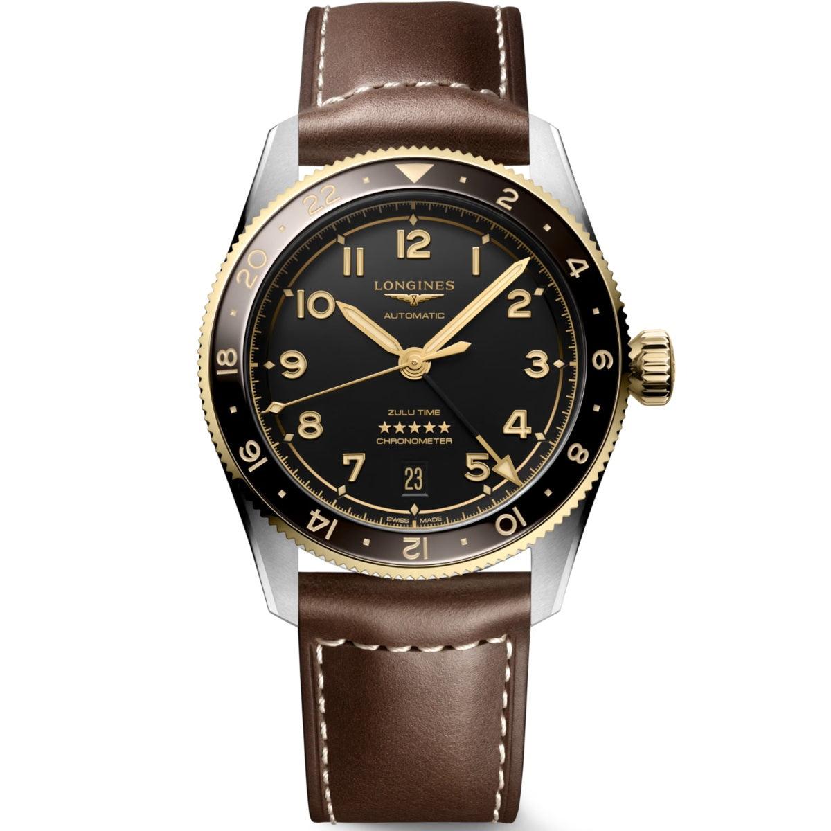 Longines orologio Spirit Zulu Time 39mm nero automatico acciaio e oro giallo 18kt L3.802.5.53.2