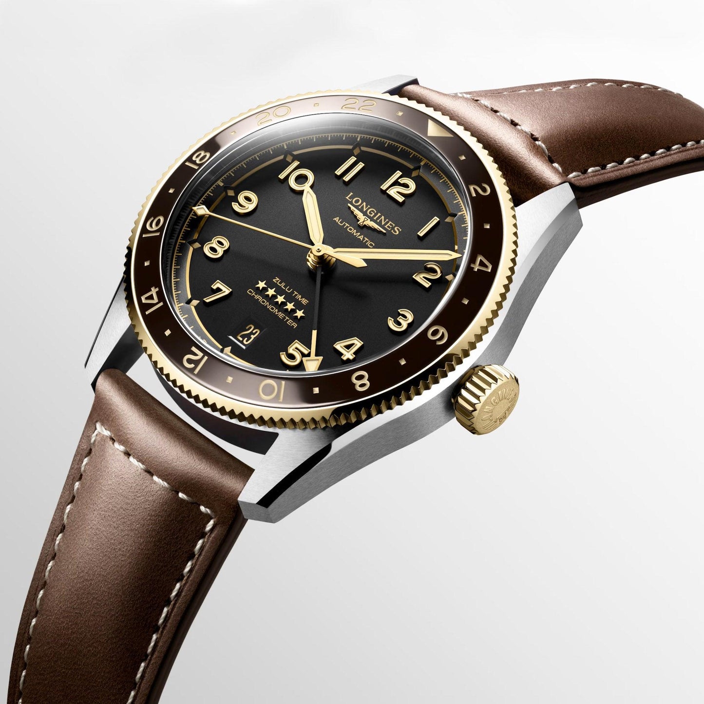 Longines orologio Spirit Zulu Time 39mm nero automatico acciaio e oro giallo 18kt L3.802.5.53.2