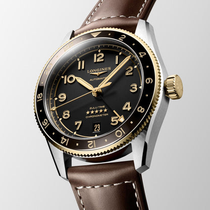 Longines orologio Spirit Zulu Time 39mm nero automatico acciaio e oro giallo 18kt L3.802.5.53.2
