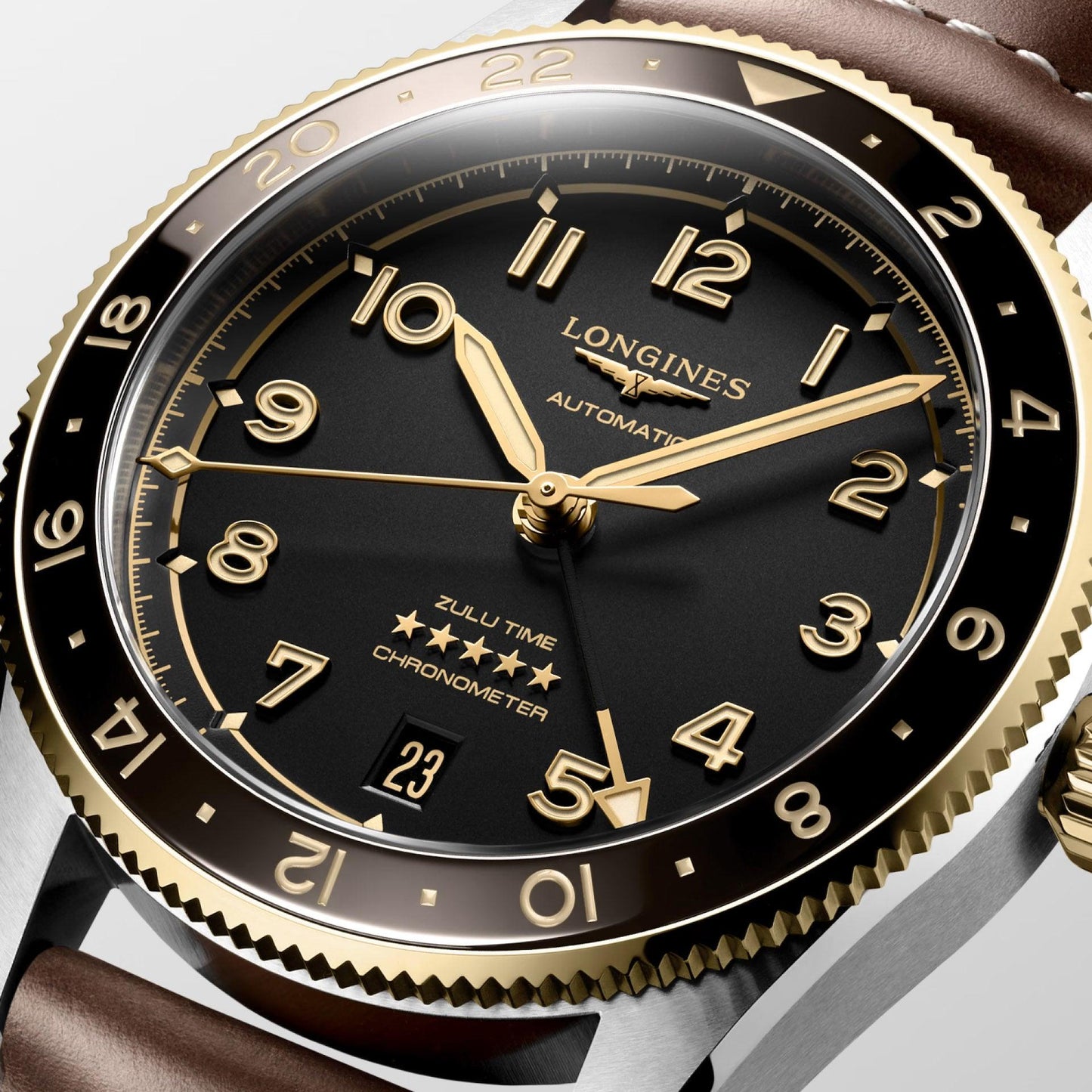 Longines orologio Spirit Zulu Time 39mm nero automatico acciaio e oro giallo 18kt L3.802.5.53.2