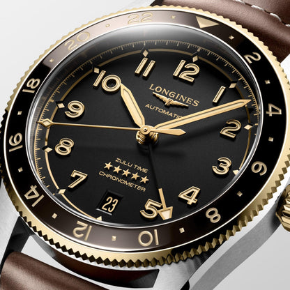 Longines orologio Spirit Zulu Time 39mm nero automatico acciaio e oro giallo 18kt L3.802.5.53.2