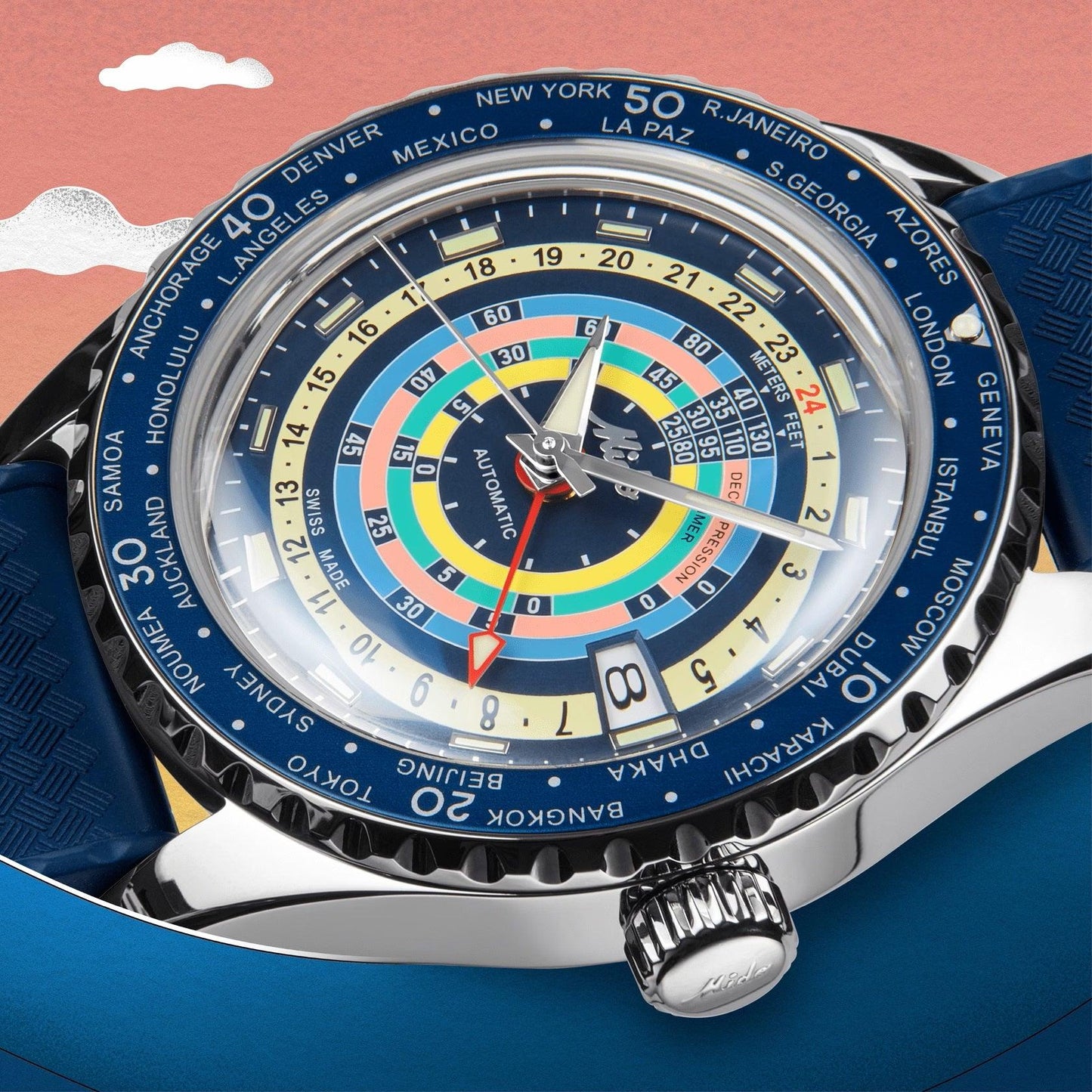Mido orologio Ocean Star Decompression Worldtimer Special Edition 40mm blu automatico acciaio M026.829.17.041.00