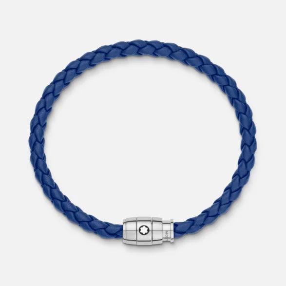 Montblanc bracciale in acciaio con chiusura a 3 anelli e pelle blu misura M 130899 63