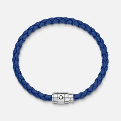 Montblanc bracciale in acciaio con chiusura a 3 anelli e pelle blu misura M 130899 63