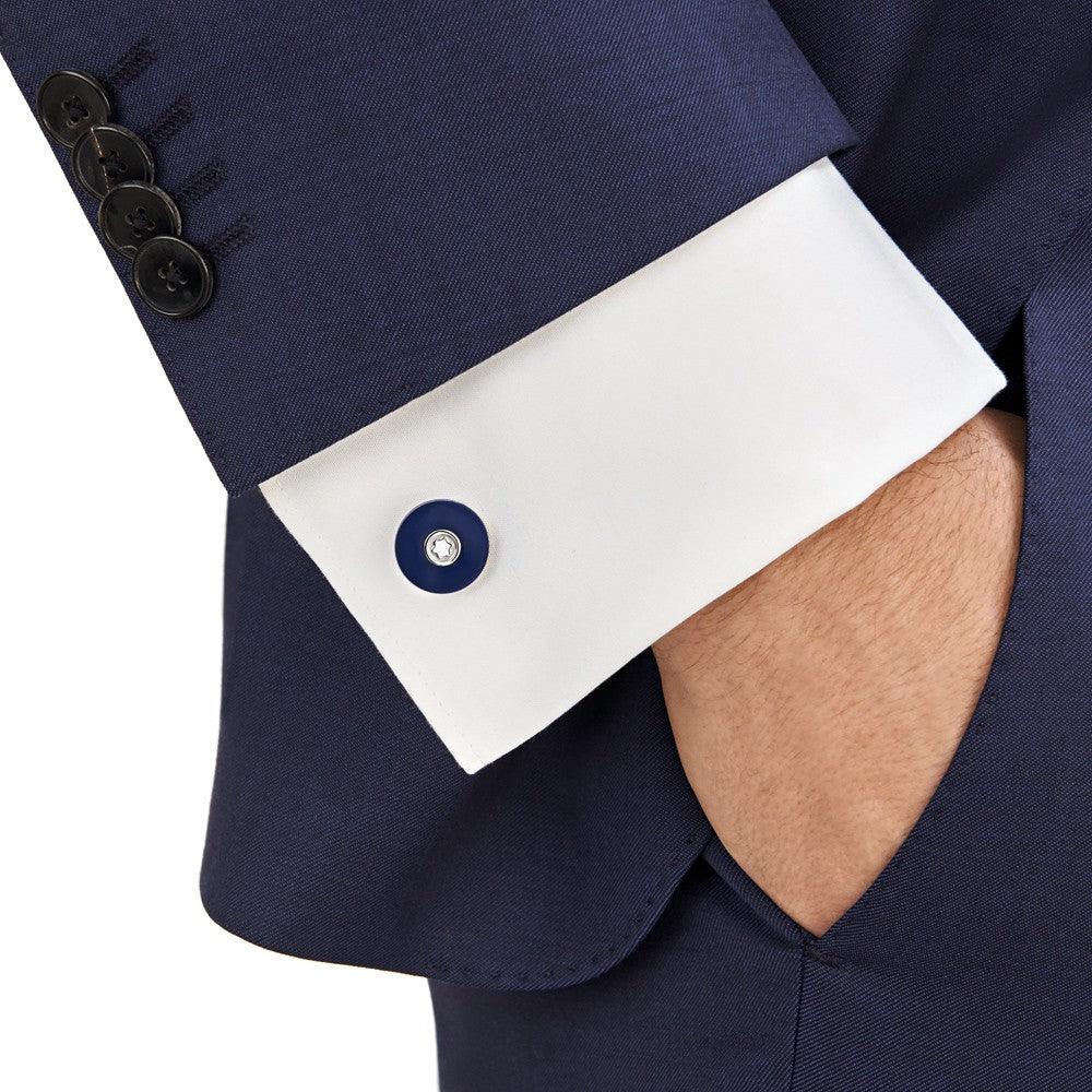 Montblanc gemelli rotondi di acciaio pregiato con resina blu 123812