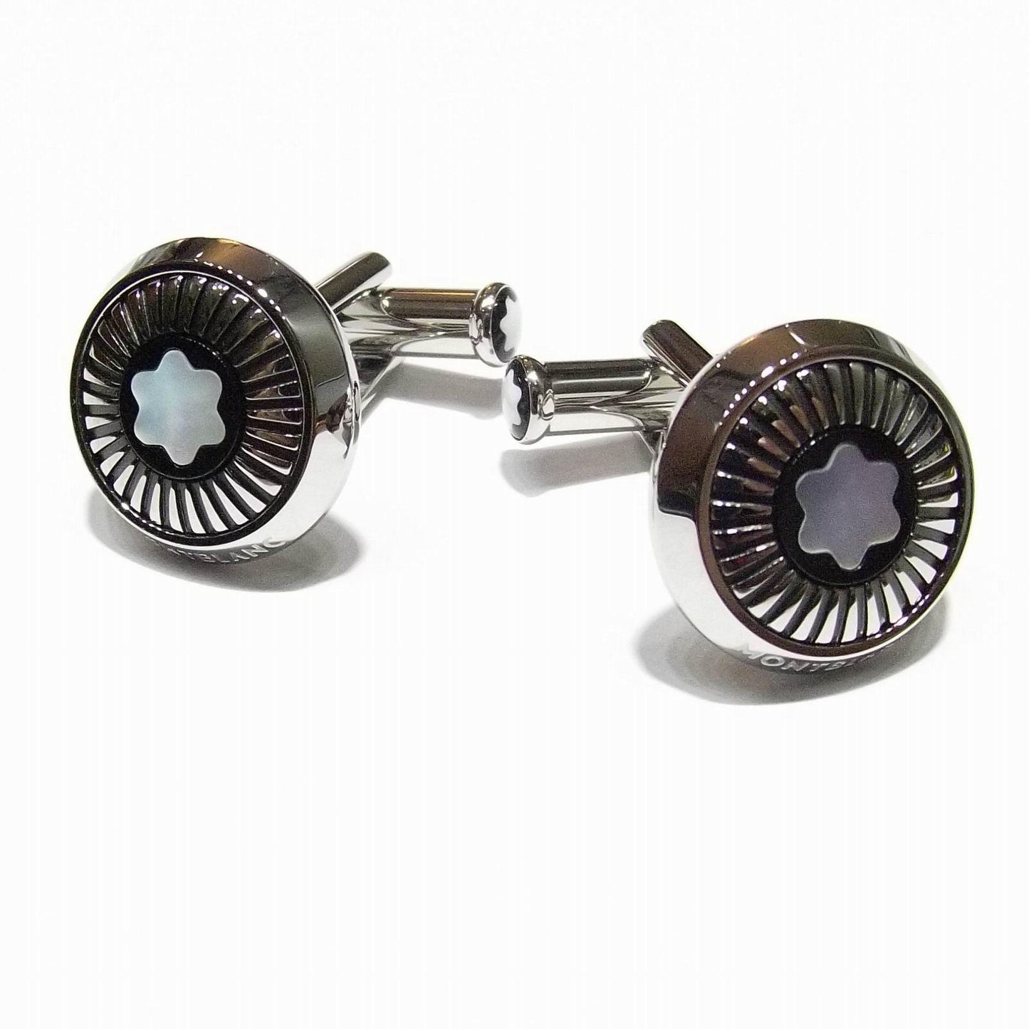 Montblanc gemelli rotondi in acciaio motivo a raggi ed emblema in madreperla 123809